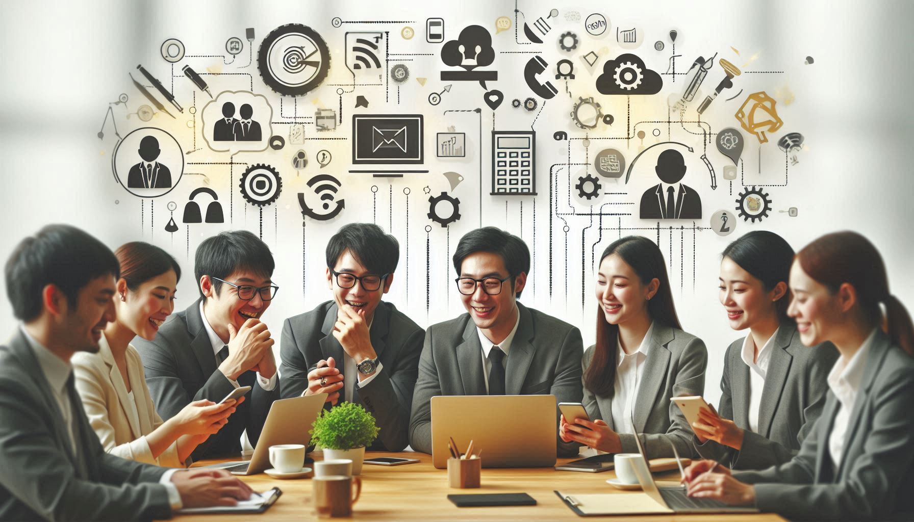 Menschen die sich unterhalten und gemeinsam kommunizieren, dabei zusammen in einer Organisation arbeiten wobei sie digitale Medien nutzen.